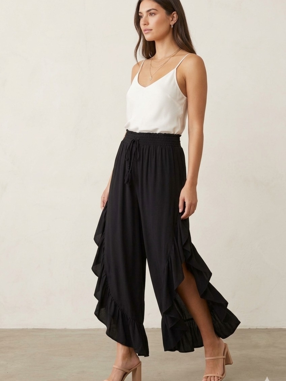 Boho Fairy Black Ruffle Trim Wide Leg Palazzo Pants – Flowy Smocked Waist